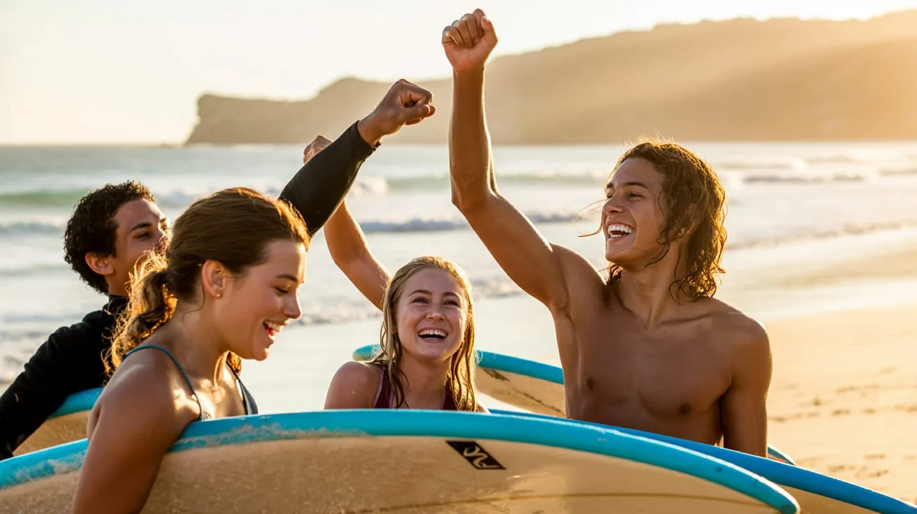 Surfers celebrating after lesson